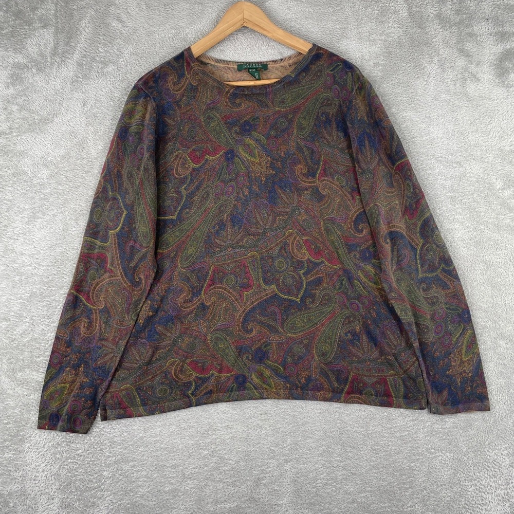 Lauren Ralph Lauren Sweater Womens 1X Multi Paisley Silk Blend Knit Pullover